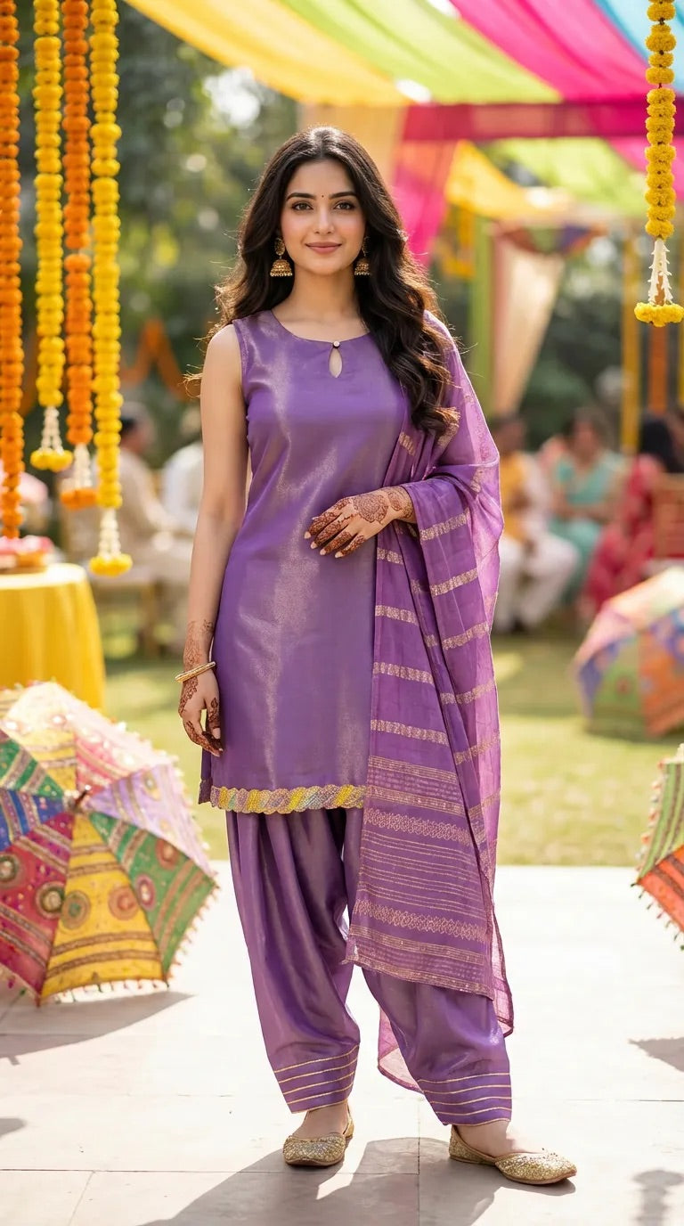 Woman in a purple sleeveless kurta farshi salwar set with scalloped lace border, standing outdoors at a festive event, from Karchobi women's clothing.