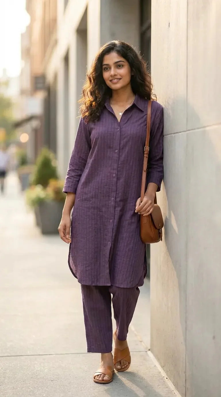 Woman wearing Karchobi purple textured long shirt co-ord set, street style fashion