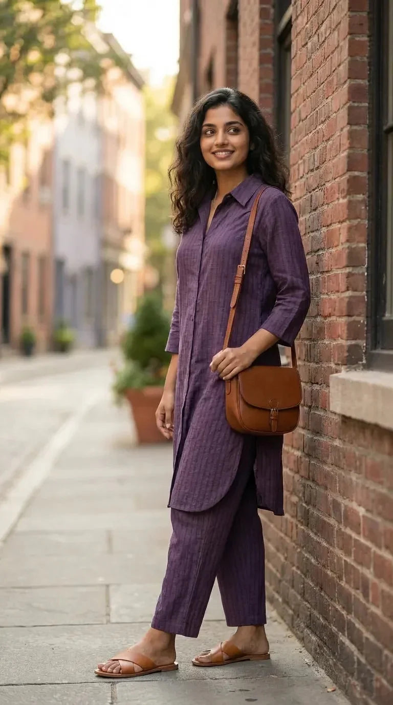 Woman wearing Karchobi purple textured long shirt co-ord set with brown crossbody bag outdoors