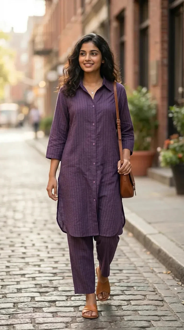 Woman wearing Karchobi purple textured long shirt co-ord set, walking on a city street