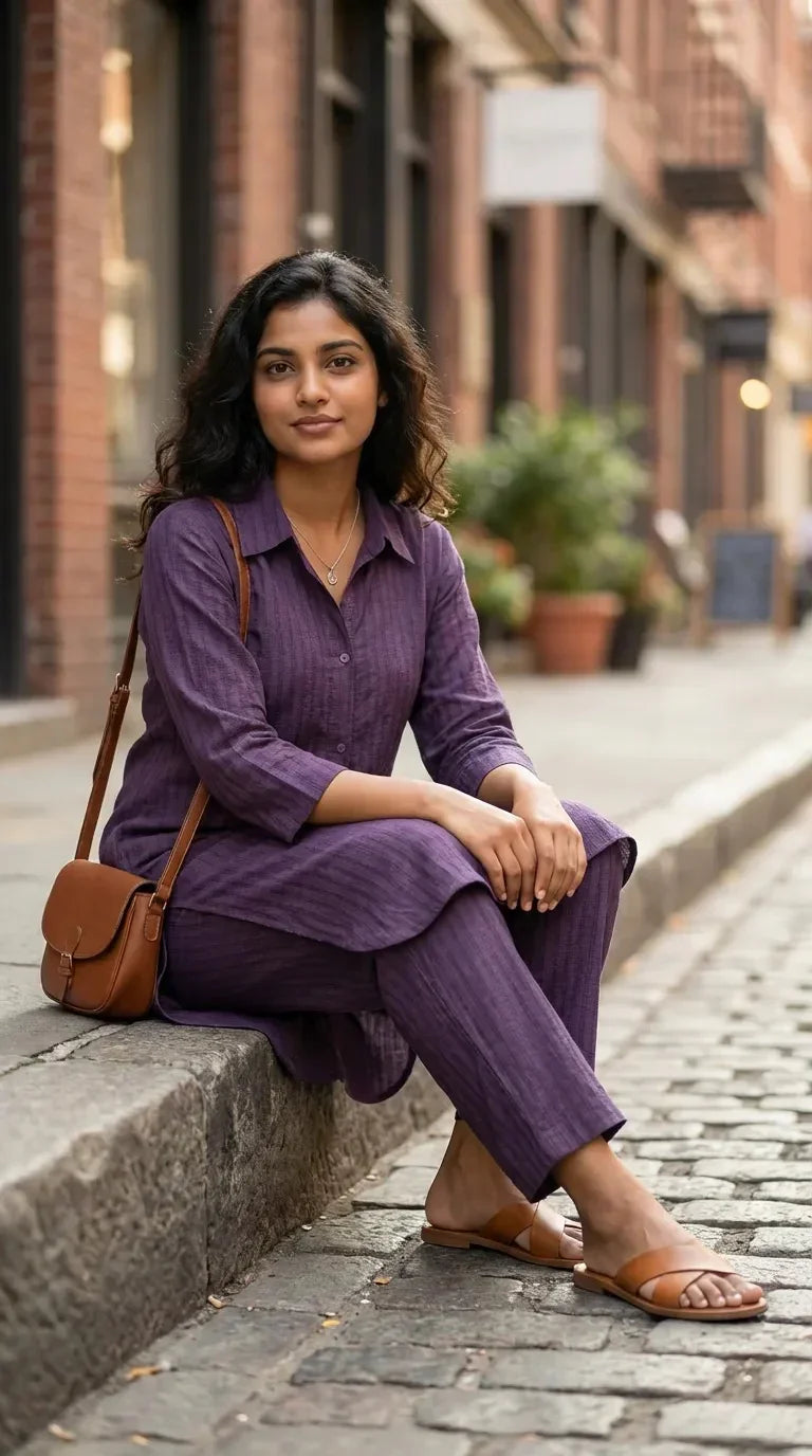 Woman wearing Karchobi purple textured long shirt co-ord set, sitting on city street