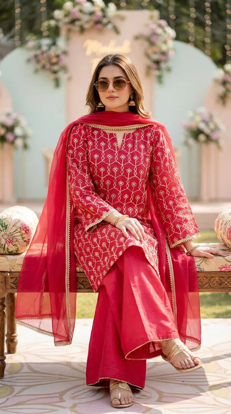 Woman wearing Karchobi red gota embroidery kurta sharara set with dupatta, sitting outdoors