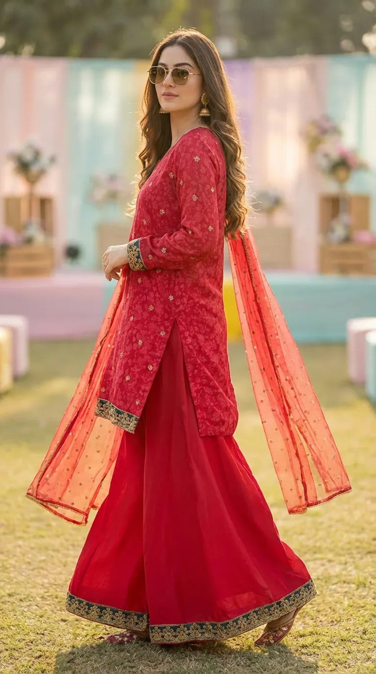 Woman outdoors in a rani pink floral embroidered chinon kurta sharara set from Karchobi