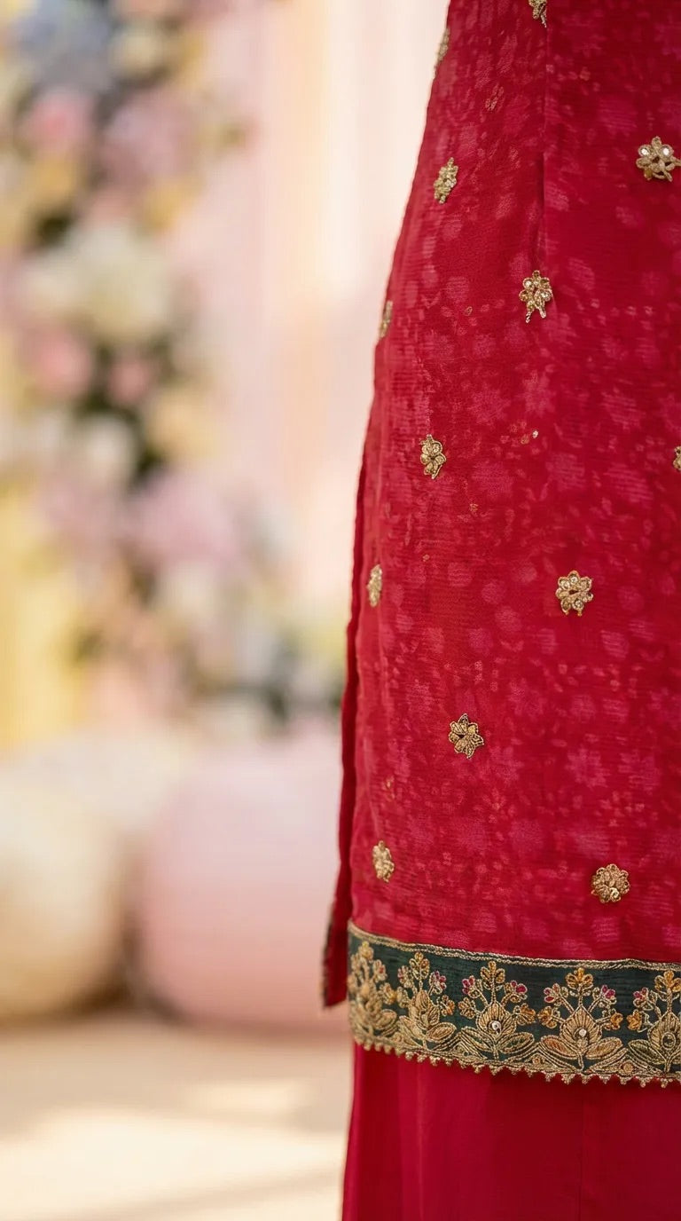 Rani pink chinon kurta with gold floral buti embroidery and decorative hem from Karchobi