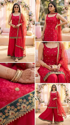 Woman wearing Karchobi rani pink chinon floral buti embroidery sleeveless kurta sharara set with dupatta, gold accents, and statement jewelry, perfect for elegant occasion wear.