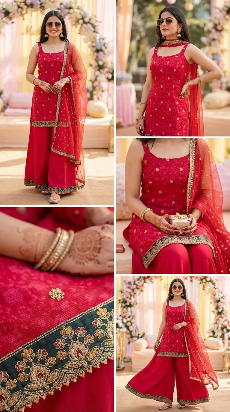 Woman wearing Karchobi rani pink chinon floral buti embroidery sleeveless kurta sharara set with dupatta, gold accents, and statement jewelry, perfect for elegant occasion wear.