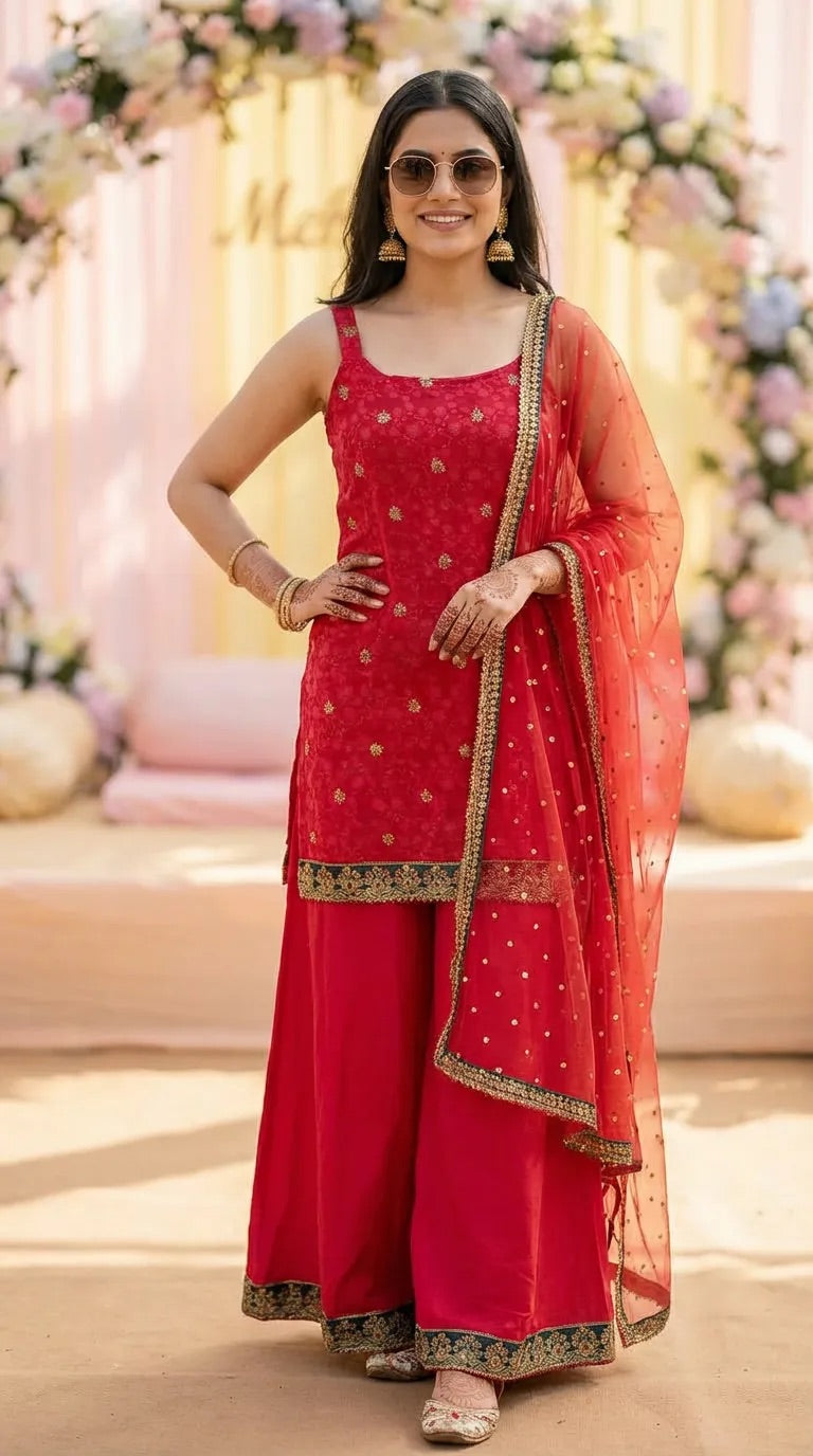 Woman in sleeveless rani pink floral embroidered kurta sharara set, gold trim dupatta, outdoor event