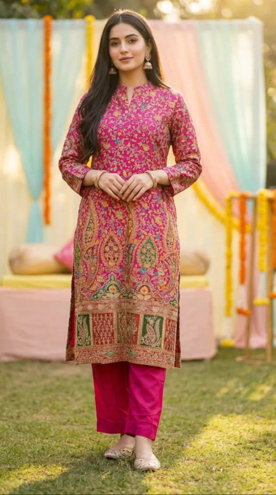 Woman in a Rani pink crepe floral zari embroidered Achkan kurta and pant set from Karchobi