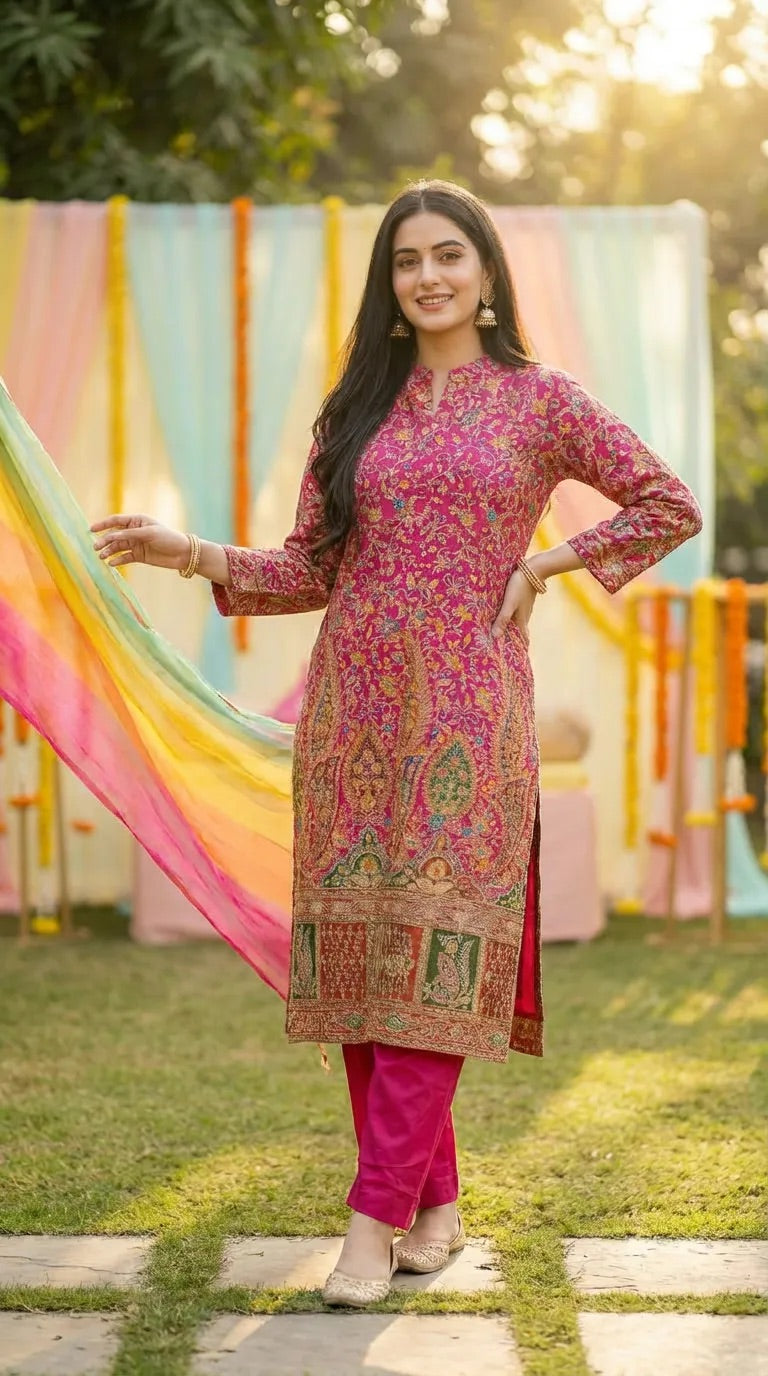 Woman in a Rani pink crepe floral zari embroidered achkan kurta pant set by Karchobi, standing outdoors with colorful drapes in the background.