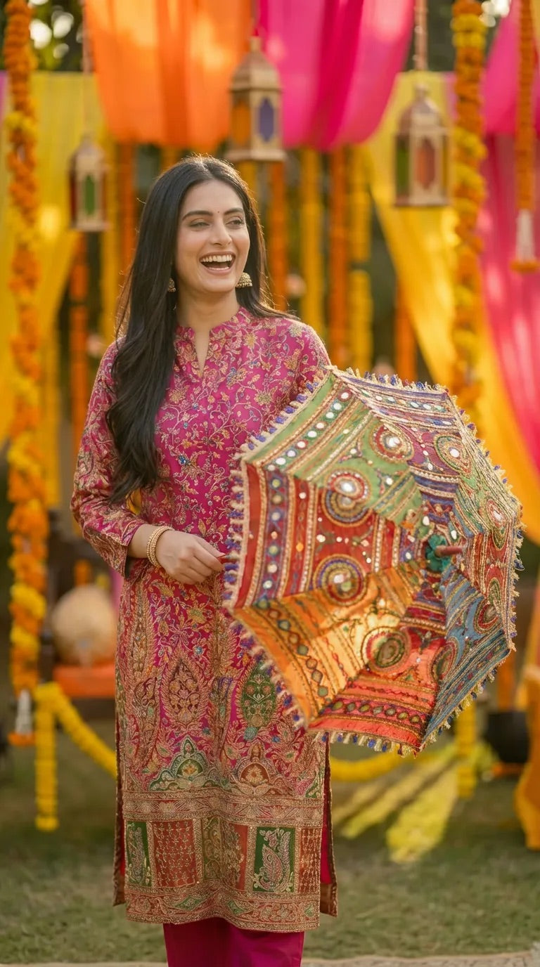 Woman in a Rani pink crepe floral zari embroidery kurta pant set holding a colorful umbrella at a festive outdoor setting, Karchobi women's clothing.
