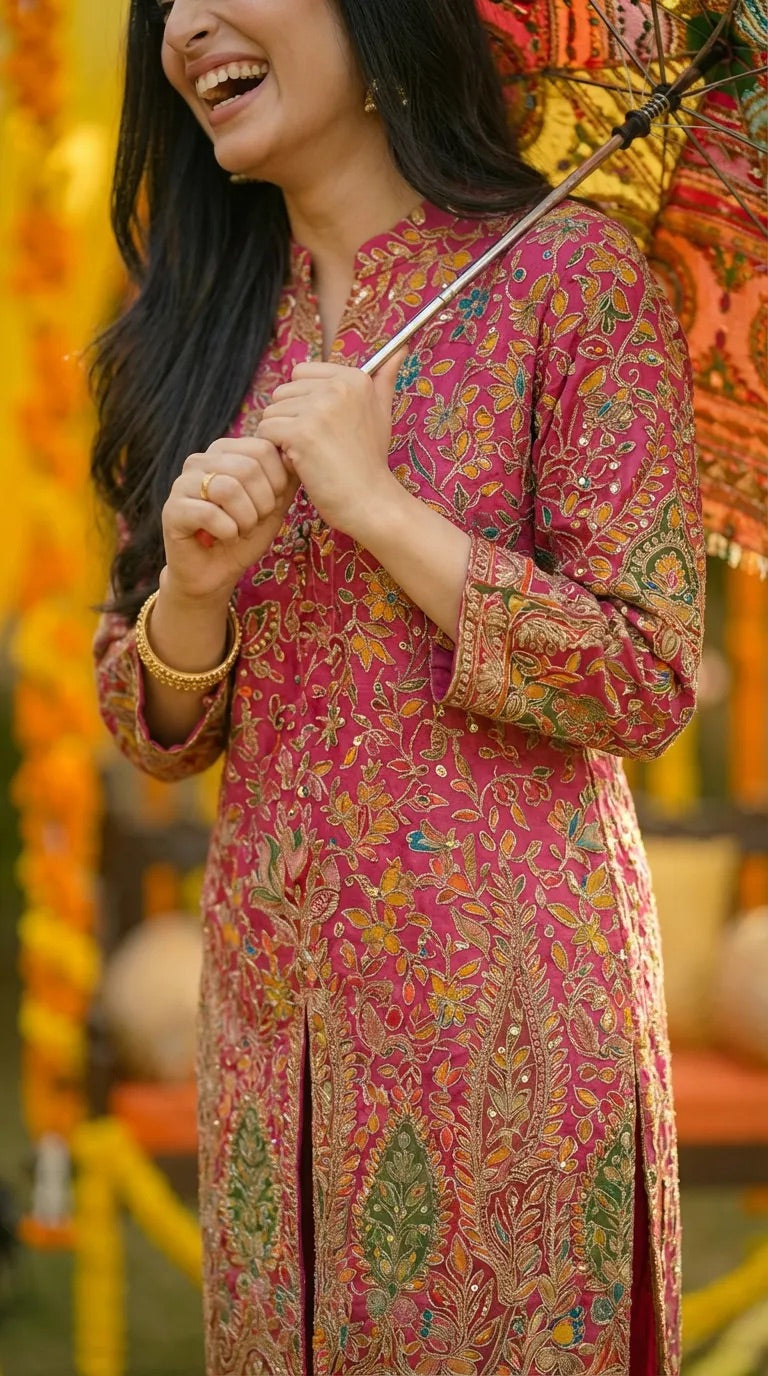 Woman in vibrant rani pink crepe Achkan kurta with floral zari embroidery, holding a colorful umbrella, Karchobi women's clothing