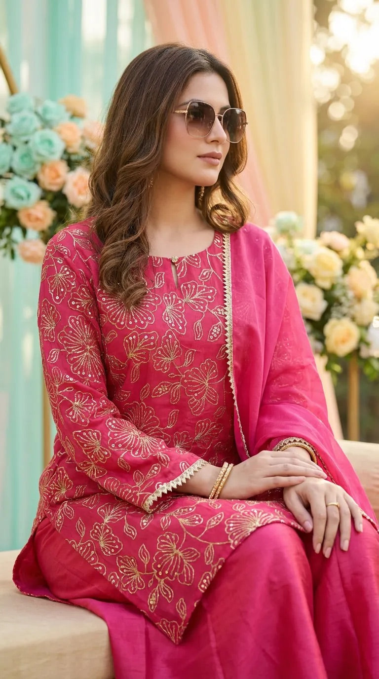 Woman in rani pink floral sequin zari embroidery kurta sharara set by Karchobi