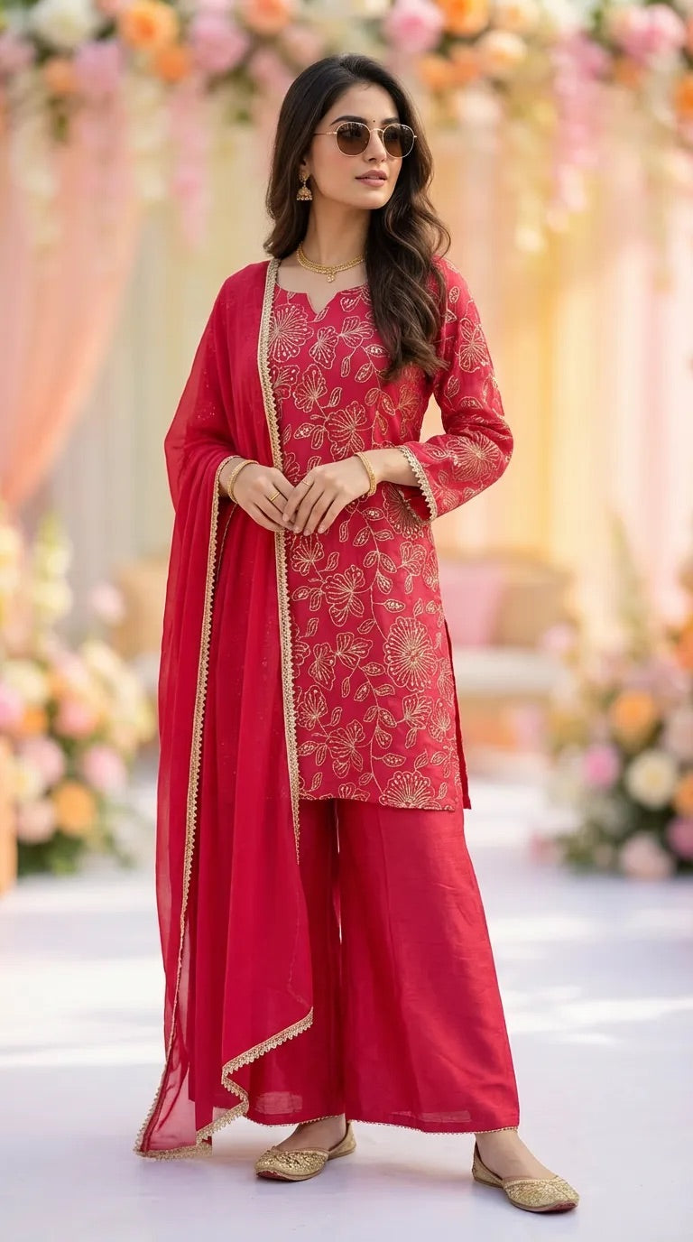 Woman in a vibrant pink floral sequin zari embroidered kurta sharara set from Karchobi