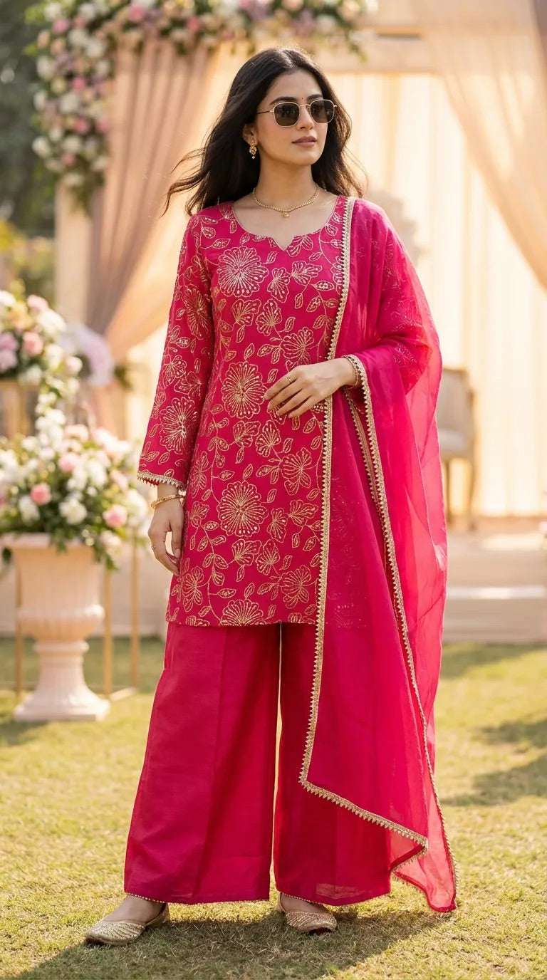 Woman wearing rani pink floral sequin zari embroidery kurta sharara set from Karchobi