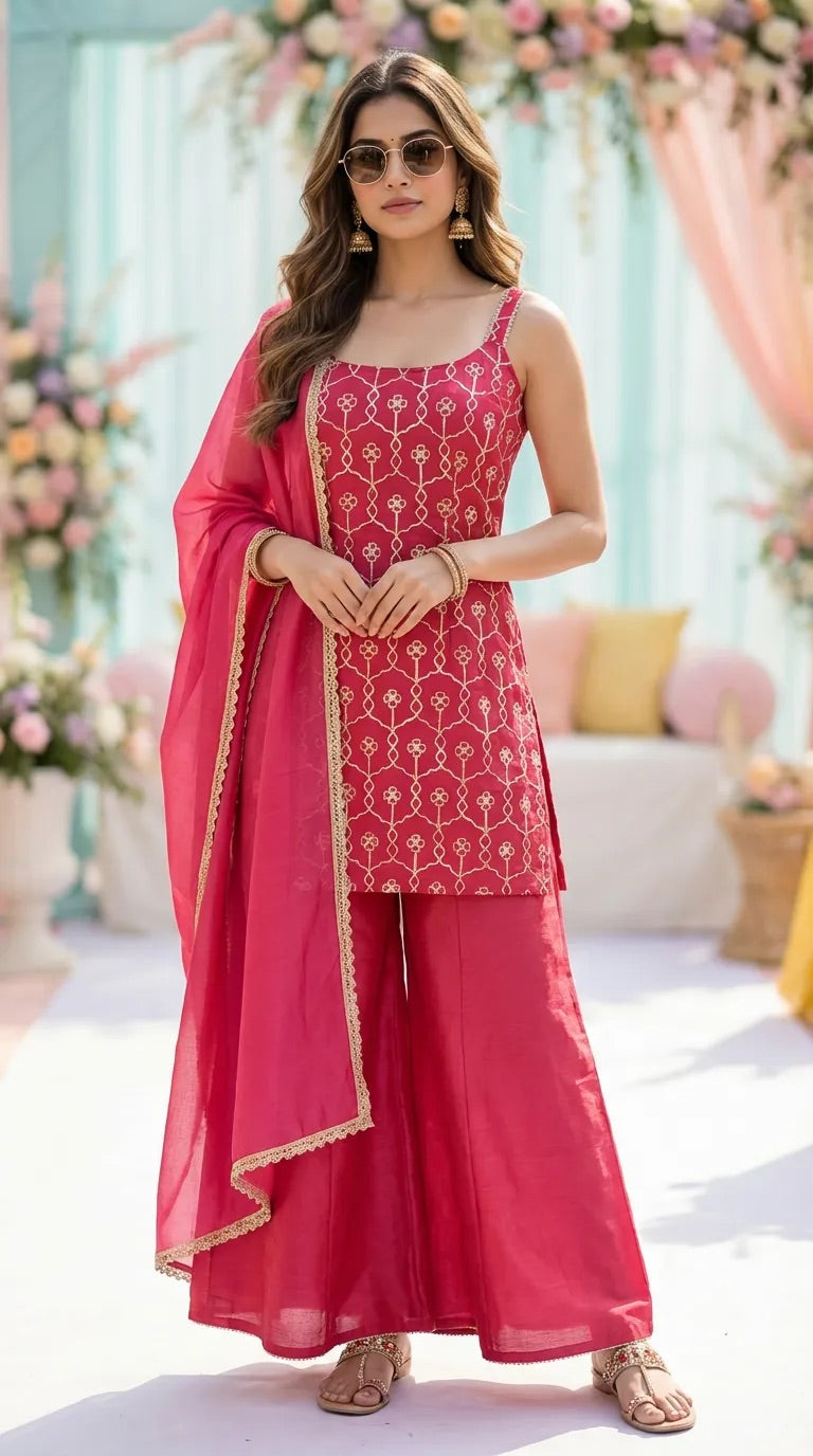 Woman in a vibrant rani pink gota embroidery sleeveless kurta sharara set by Karchobi
