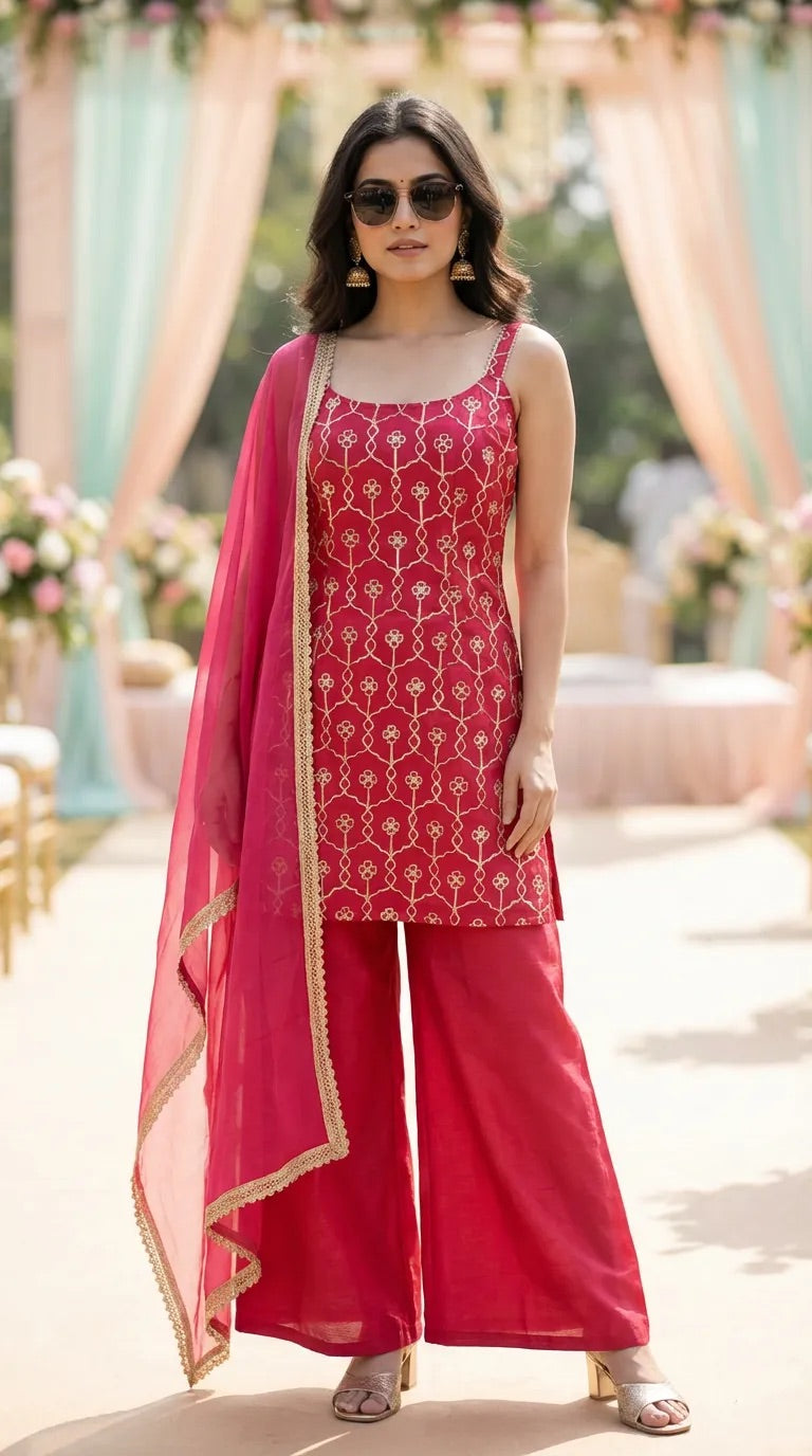 Woman in a rani pink gota embroidery sleeveless kurta sharara set by Karchobi outdoors