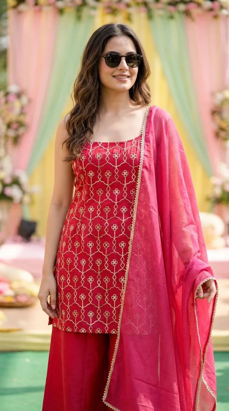Woman wearing Karchobi rani pink gota embroidery sleeveless kurta sharara set outdoors