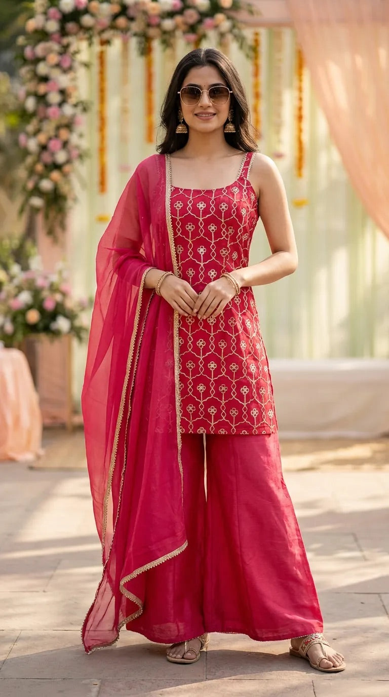 Woman in a sleeveless rani pink gota embroidery kurta sharara set with dupatta by Karchobi