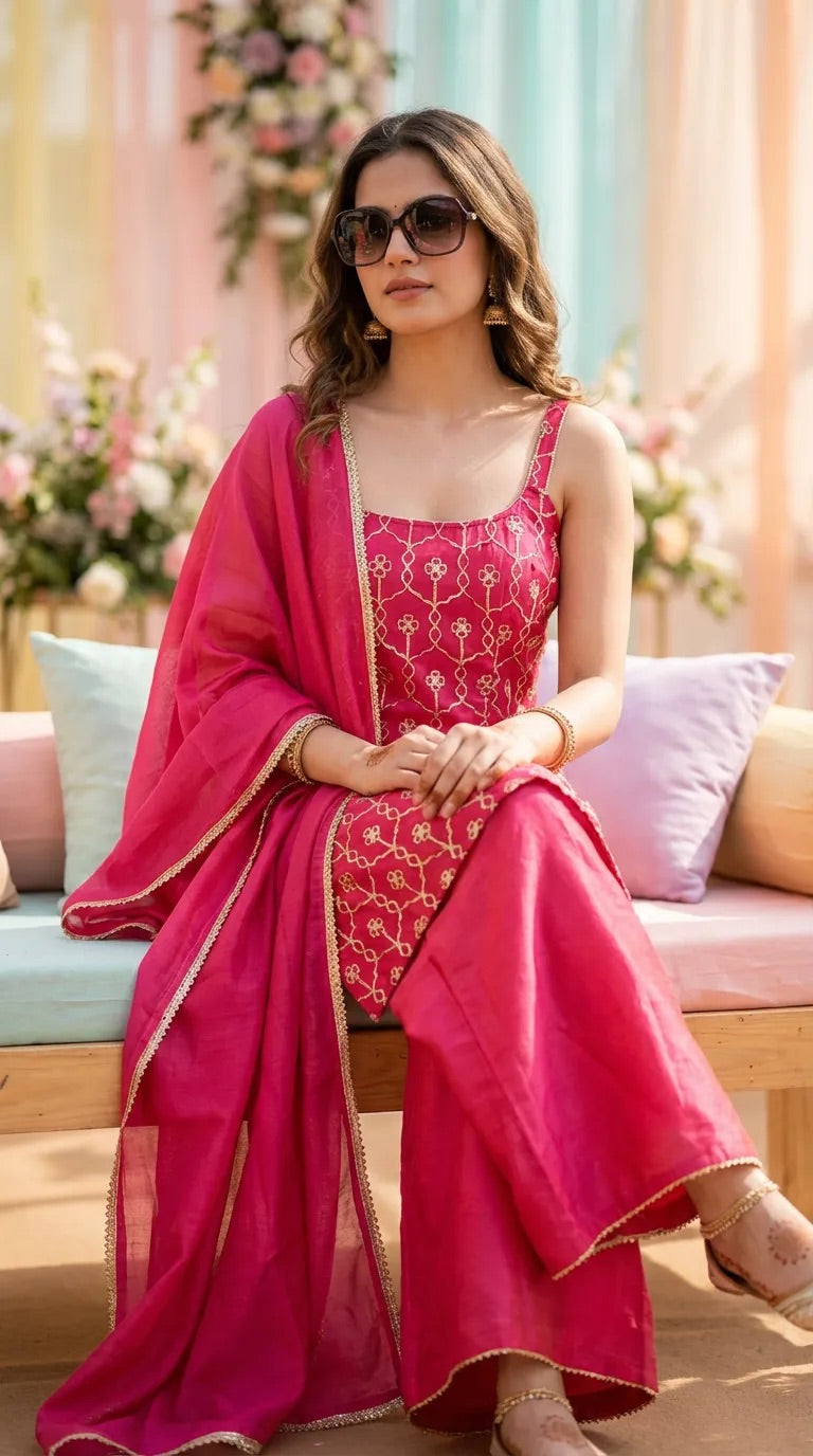 Woman in sleeveless rani pink gota embroidery kurta sharara set, seated outdoors, Karchobi fashion