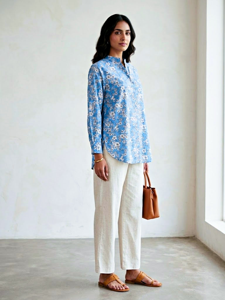 Karchobi blue floral print shirt made of rayon, casual work wear with a relaxed fit and vibrant floral pattern.