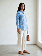 Karchobi blue floral print shirt made of rayon, casual work wear with a relaxed fit and vibrant floral pattern.