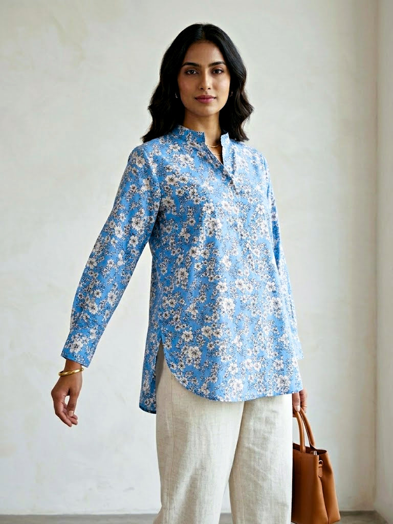Karchobi blue floral print rayon casual shirt for work and everyday wear, featuring a comfortable fit and vibrant floral design.
