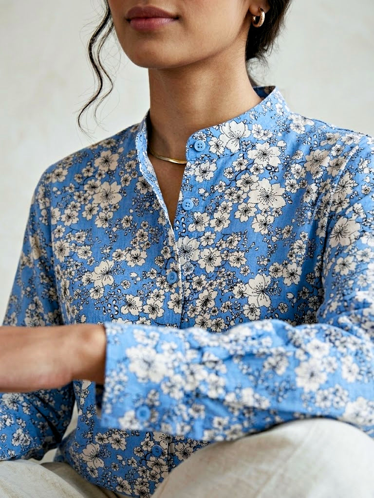 Blue floral print casual shirt by Karchobi, featuring a relaxed fit and vibrant floral design for stylish work or casual wear.