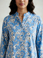 Karchobi blue floral print casual shirt made of rayon, suitable for work or casual wear, with a relaxed fit and vibrant floral pattern.