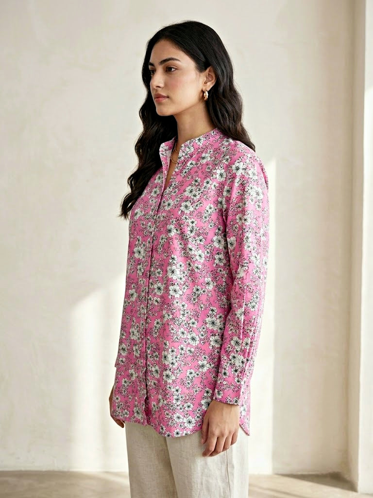 Pink floral print casual shirt by Karchobi, featuring lightweight rayon fabric and a comfortable fit for work or everyday wear.