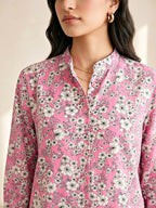 Pink floral print casual shirt by Karchobi, showcasing a lightweight rayon fabric with vibrant floral patterns.