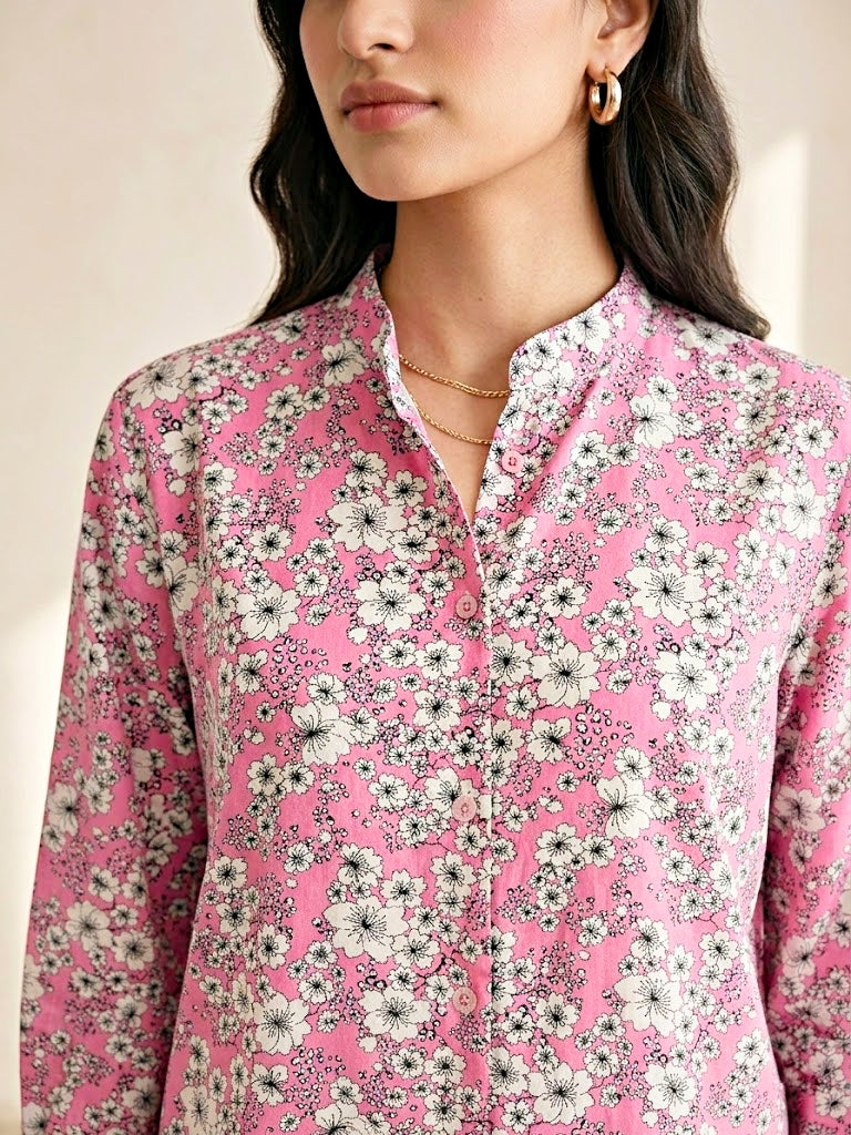 Pink floral print casual shirt by Karchobi, showcasing a lightweight rayon fabric with vibrant floral patterns.