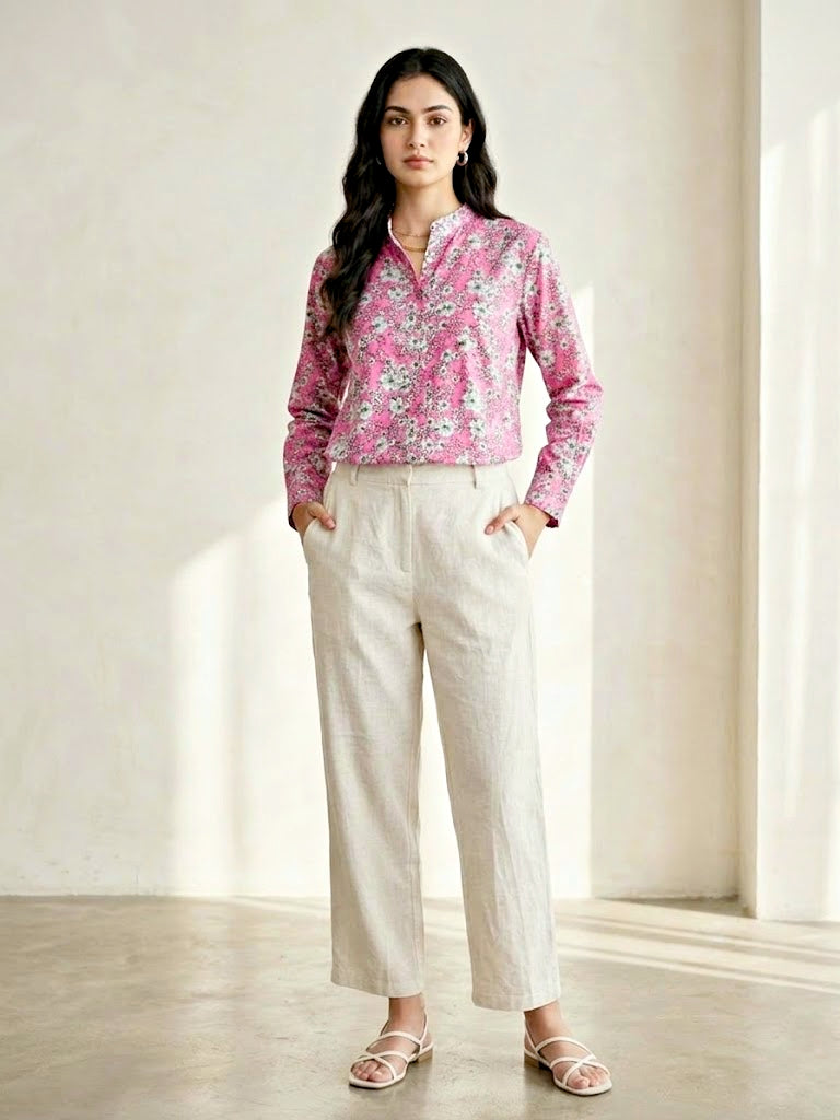 Pink floral print casual shirt by Karchobi, featuring a relaxed fit and lightweight rayon fabric for comfortable wear.