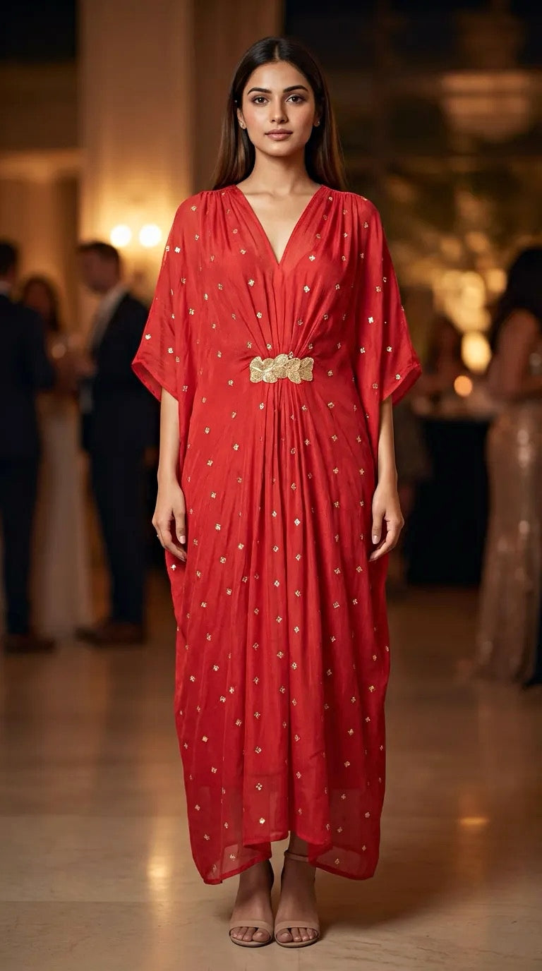 Woman in a red embroidered Chinon kaftan dress with gold motif from Karchobi