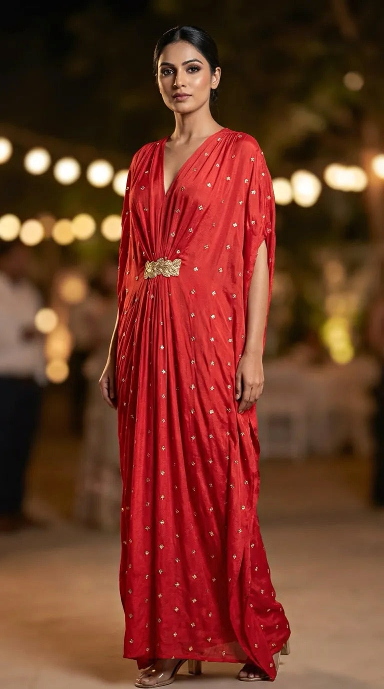 Woman in a red embroidered Chinon kaftan dress with gold embellishment, Karchobi fashion