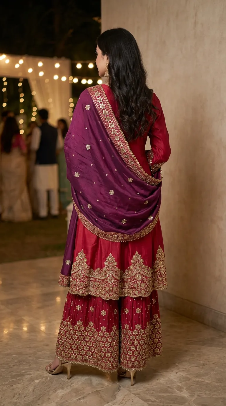 Woman wearing a red and gold embroidered short anarkali sharara set with wine dupatta, Karchobi occasion wear.