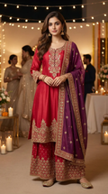 Woman in red short anarkali sharara set with gold embroidery and wine dupatta at Karchobi event