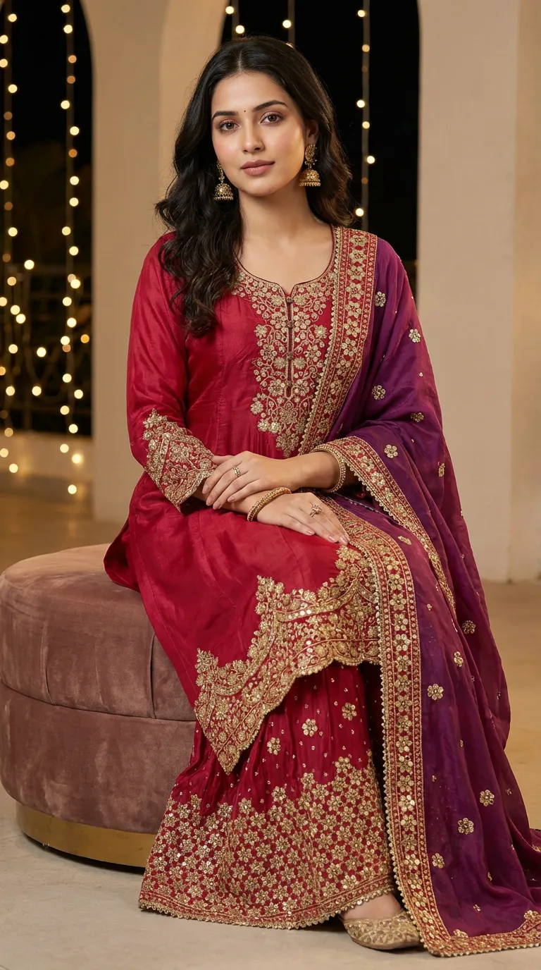 Woman in red and gold embroidered Anarkali Sharara set with wine dupatta, festive wear Karchobi