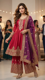 Woman in red and gold embroidered short Anarkali Sharara set with wine dupatta at Karchobi event