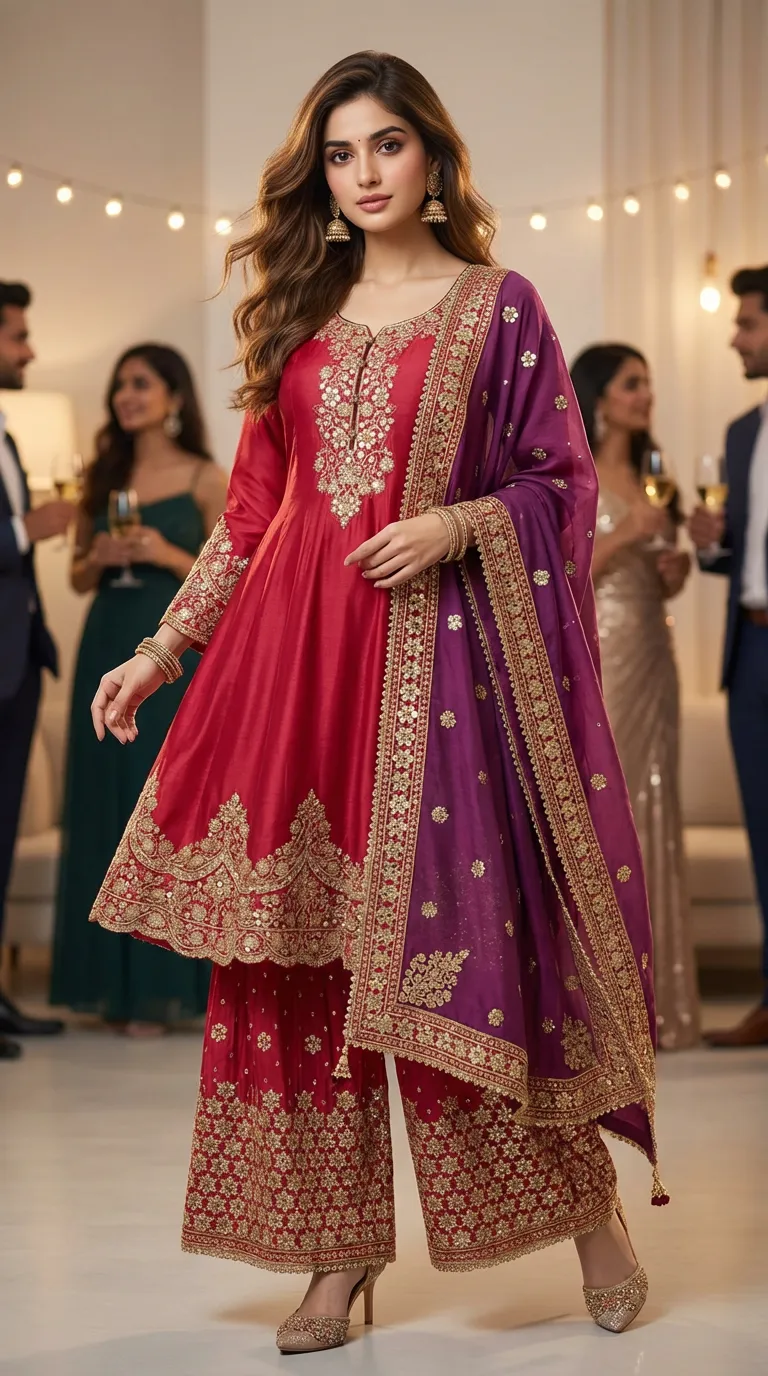 Woman in red and gold embroidered short Anarkali Sharara set with wine dupatta at Karchobi event