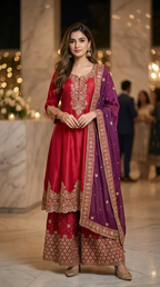 Woman in a red short anarkali sharara set with gold embroidery and a wine dupatta, Karchobi occasion wear