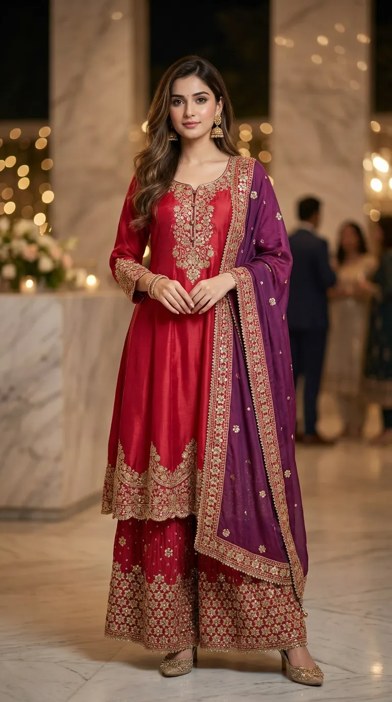 Woman in a red short anarkali sharara set with gold embroidery and a wine dupatta, Karchobi occasion wear