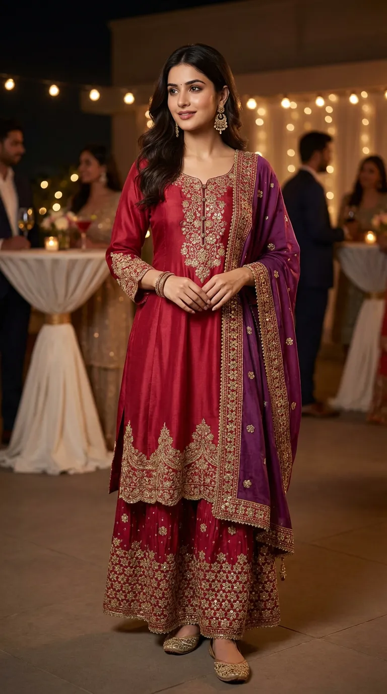 Woman in a red and gold embroidered short Anarkali sharara set with wine dupatta at a festive evening event, Karchobi women's occasion wear.