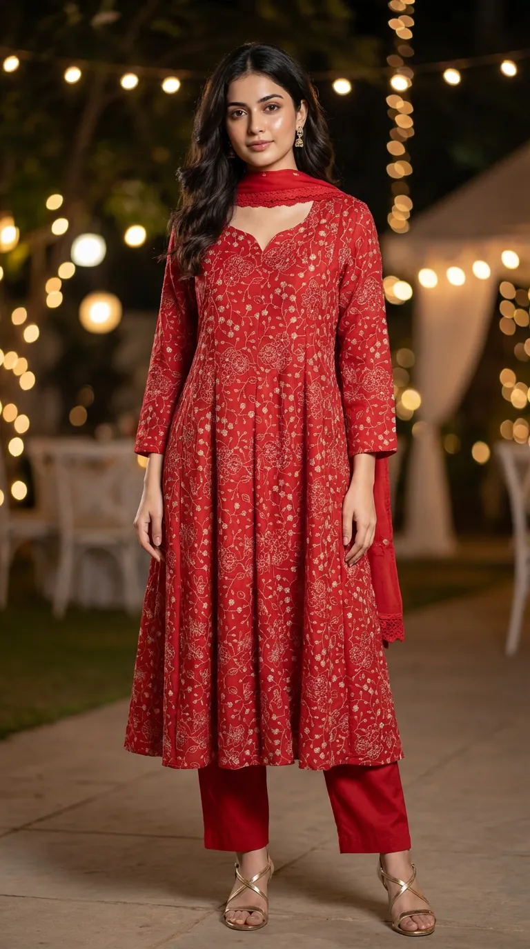 Woman wearing a red gold zari sequin embroidered Anarkali set from Karchobi, evening outdoor setting