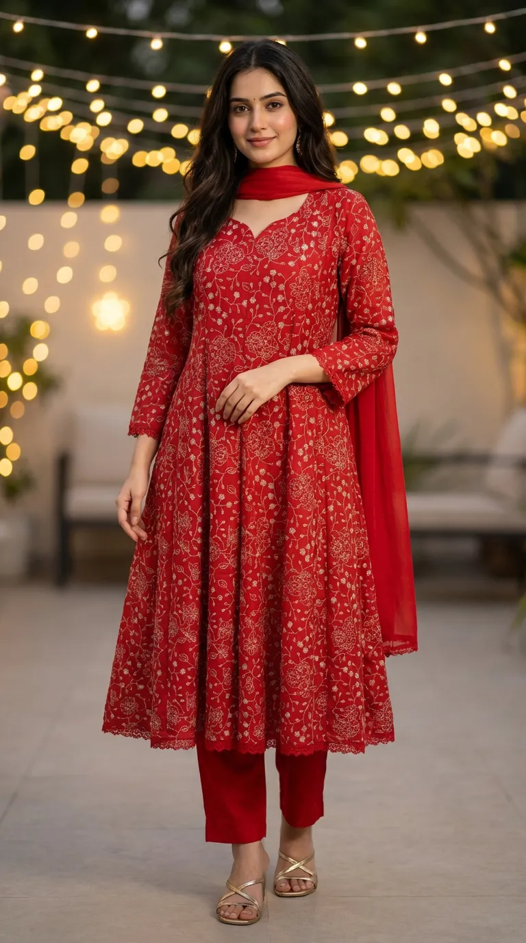 Woman wearing red gold zari sequin Anarkali set, Karchobi festive ethnic wear