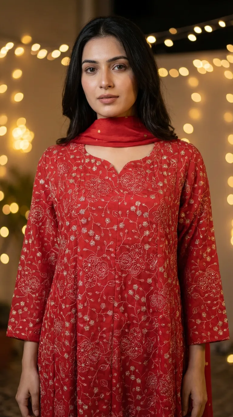 Woman wearing red gold zari sequin embroidered Anarkali set from Karchobi, festive lights background