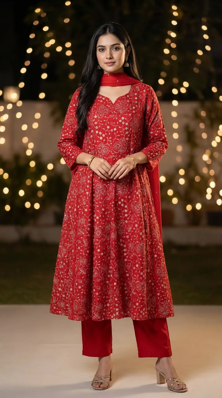 Woman wearing red Anarkali suit with gold zari sequin embroidery, Karchobi festive wear