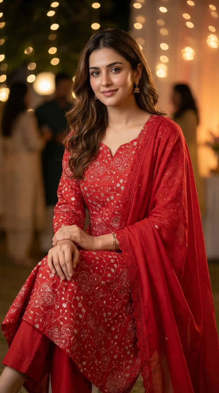 Woman in a red gold zari sequin embroidered Anarkali set from Karchobi at an evening event