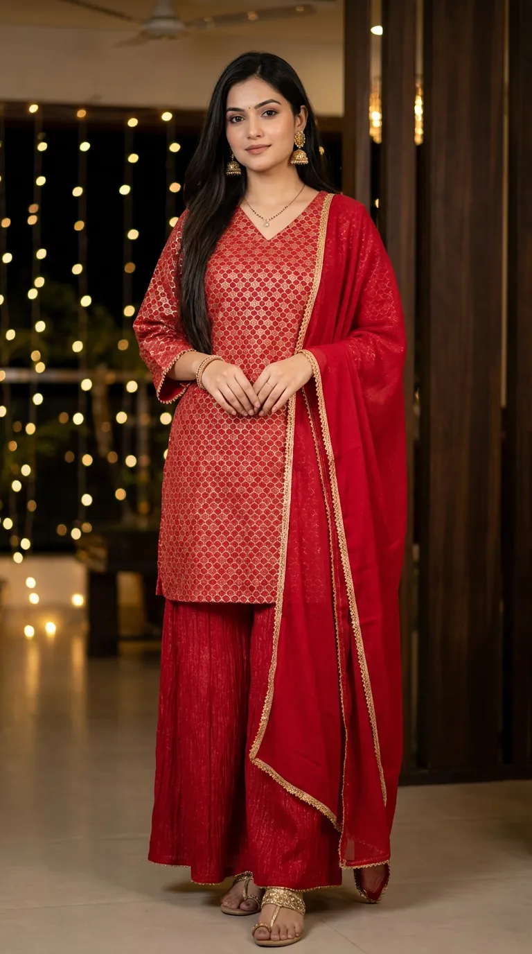 Woman wearing red and gold zari kurta crushed sharara set from Karchobi, festive background