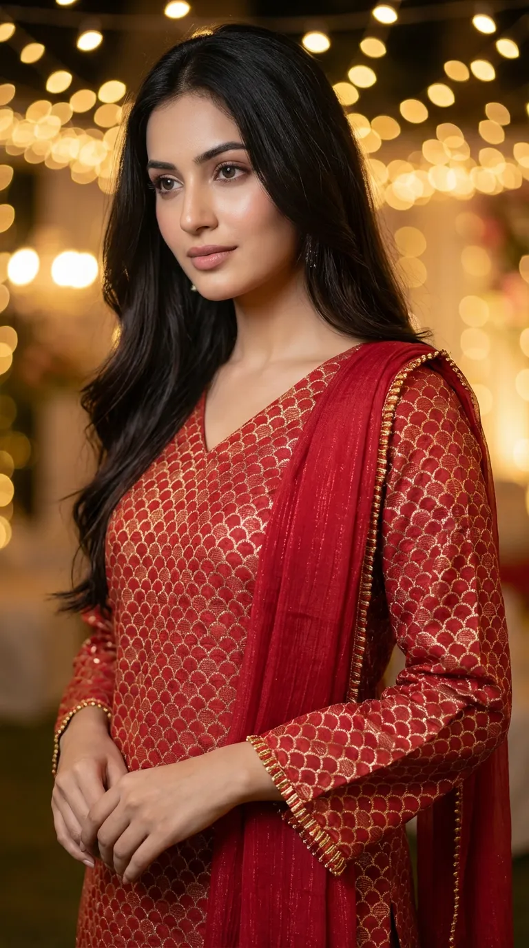 Woman in Karchobi red and gold zari kurta with crushed sharara set, festive lighting backdrop