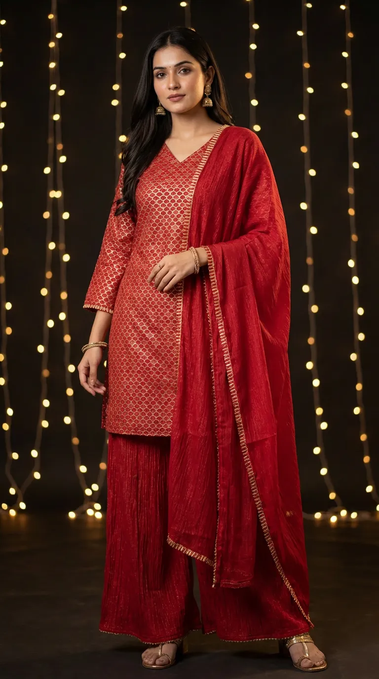 Woman wearing red and gold zari kurta with crushed sharara and dupatta, festive backdrop, Karchobi fashion